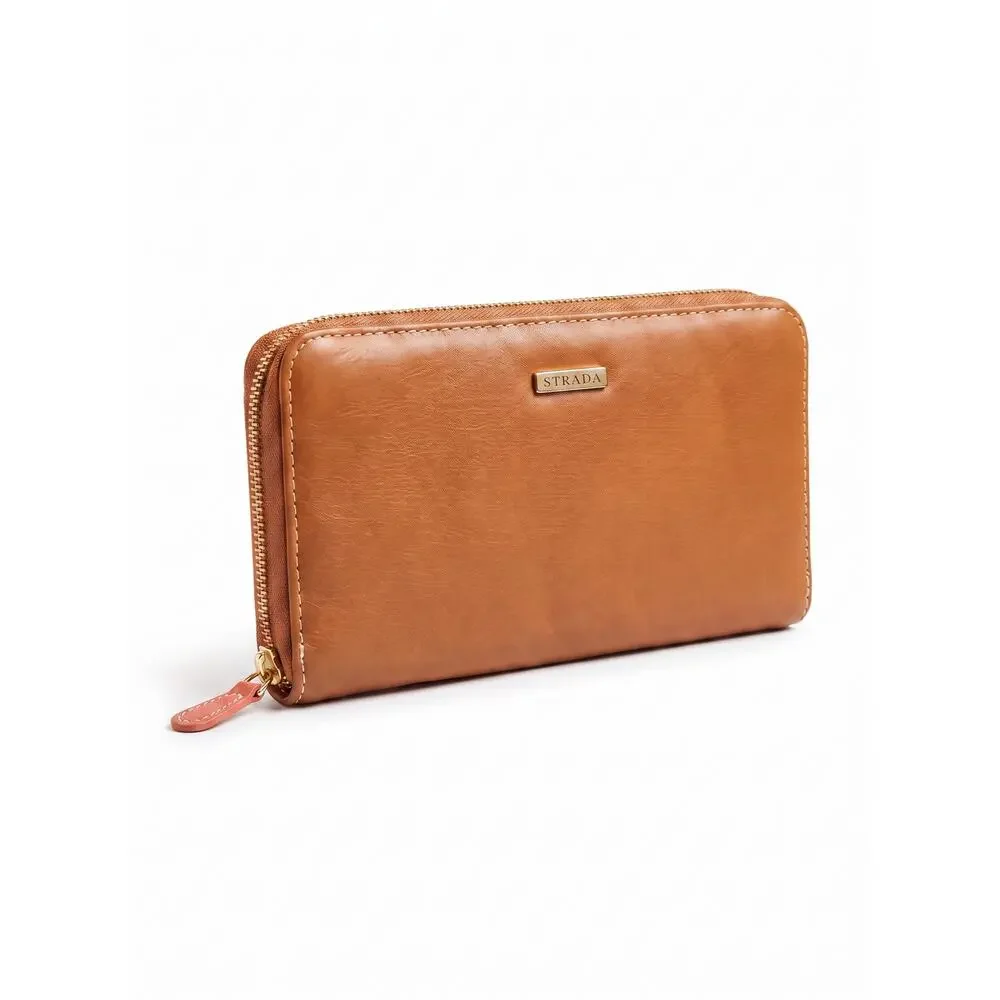 Strada Continental Cognac Leather Brown Zip Around Wallet Clutch Organizer
